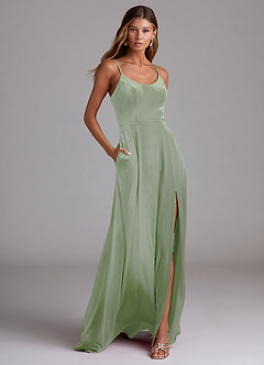 Azazie Moira 신부 들러리 드레스 A라인 포켓이 있는 벨벳 바닥 길이 드레스 image1