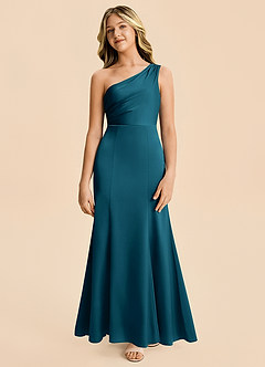 Azazie Ren Junior Ink Blue A-Line Pleated Stretch Satin Dress image5