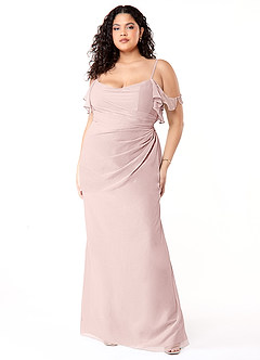 Azazie Emeralda Bridesmaid Dresses Blushing Pink Sheath Off the Shoulder Chiffon Dress image7