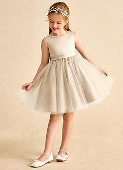 Azazie Jani Flower Girl Dresses Champagne A-Line Bow Tulle Dress image5