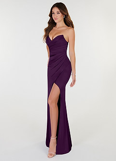 Azazie Yola Bridesmaid Dresses Grape Sheath V-Neck Pleated Stretch Satin Convertible Dress image4