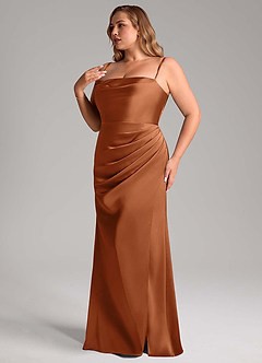Azazie Leonis Bridesmaid Dresses Copper Mermaid Pleated Stretch Satin Convertible Dress image12