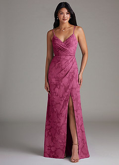 Azazie Maci Bridesmaid Dresses Mulberry Sheath Pleated Floral Burnout Dress image4