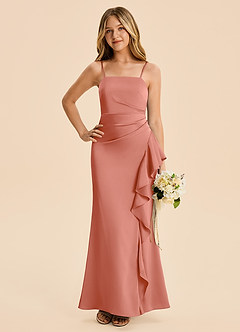 Azazie Lyla Junior Salmon Pink Mermaid Pleated Stretch Satin Dress image3