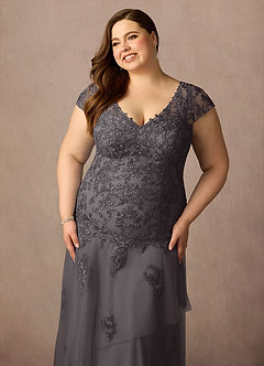 Azazie Romy Mother of the Bride Dresses Steel Grey Mermaid V-Neck Sequins Tulle Dress image11
