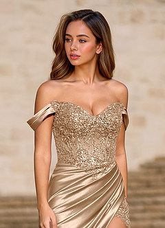 Deliacor Champagne Off-Shoulder Corset Satin Slit Mermaid Gown image5