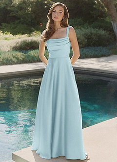 Azazie Shaude Bridesmaid Dresses Cloud Blue A-Line Pleated Stretch Satin Dress image4