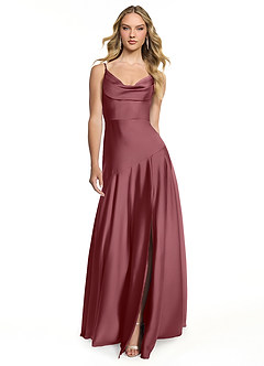 Azazie Kayla Bridesmaid Dresses Desert Rose Sheath Side Slit Stretch Satin Dress image1