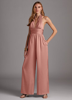 Azazie Oli Bridesmaid Dresses Rosette Pleated Stretch Satin Jumpsuit image4