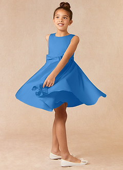 Azazie Coco Blumenmädchenkleider A-Linie Schleifen Matte Satin Kleid Blauhäher image3