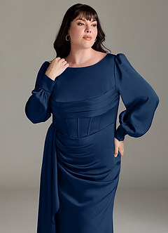 Azazie Raye Bridesmaid Dresses Dark Navy Mermaid Long Sleeve Stretch Satin Dress image11