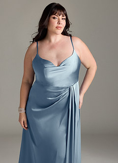 Azazie Brielle Bridesmaid Dresses Dusty Blue A-Line Cowl Spaghetti Straps Stretch Satin Dress image11