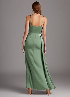 Azazie Bona Final Sale Matcha A-Line V-Neck Pleated Stretch Satin Dress image5