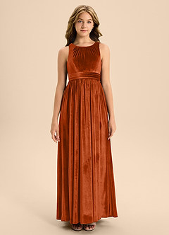 Azazie Jaylah Junior Burnt Orange A-Line Pleated Velvet Dress image4