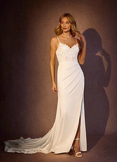 Azazie Rosalina Wedding Dresses Diamond White Champagne Mermaid V-Neck lace Crepe Back Satin Dress image3
