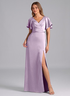 Azazie Ambrosia Bridesmaid Dresses Frosted Lilac A-Line Pleated Stretch Satin Dress image1