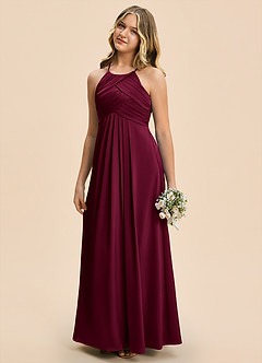Azazie Ginny Junior Burgundy A-Line Pleated Stretch Satin Dress image5