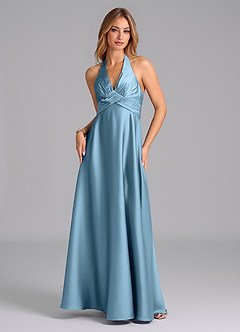 Azazie Tessie Bridesmaid Dresses Steel Blue A-Line Pleated Stretch Satin Dress image5