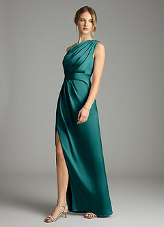 Azazie Emorie Final Sale Peacock Sheath One Shoulder Stretch Satin Dress image3