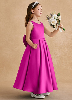 Azazie Honey Bear Flower Girl Dresses Fuchsia A-Line Pleated Matte Satin Dress image2