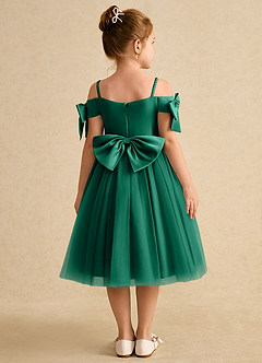Azazie Amie Flower Girl Dresses Emerald A-Line Off the Shoulder Matte Satin Dress image2