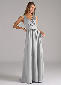 Azazie Kora 신부 들러리 드레스 A라인 주름진 스트레치 새틴 바닥 길이 드레스 image3