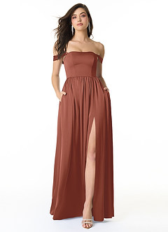 Azazie Morana Final Sale Auburn A-Line Off the Shoulder Stretch Satin Convertible Dress image1