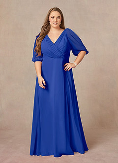 Azazie Bronwyn vestidos de madre de la novia Vestido de Azul Real de Gasa de Corte En A con Cuello de pico fruncido image6