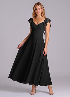 Azazie Leilani At-home Try On Dresses Black A-Line Ruched Chiffon Dress image1