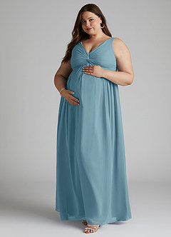 Azazie Yetta Maternity Bridesmaid Dresses A-Line V-Neck Gathered Chiffon Floor-Length Dress image9