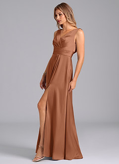 Azazie Karina Robes de demoiselle d'honneur Robe Trapèze en Satin extensible Plissée Bronze image3