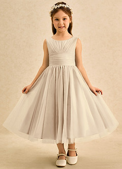 Azazie Macaron Sukienki dla dziewczynek sypiących kwiaty Linia A Pofałdowany Tiul Długość herbaty Sukienka image3