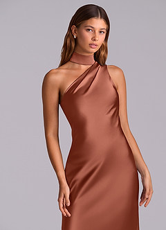 Azazie Seona Robes de demoiselle d'honneur Robe Sirène en Satin extensible Une épaule Auburn image2
