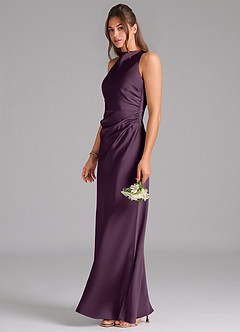 Azazie Evadne Bridesmaid Dresses Plum Sheath Pleated Stretch Satin Dress image1