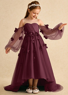Azazie Karrie Flower Girl Dresses Cabernet A-Line with Sleeves Tulle Dress image4