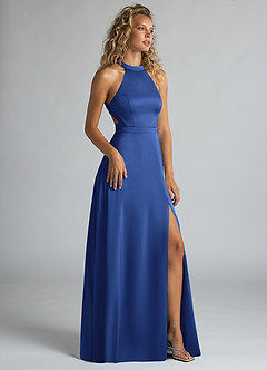 Azazie Clarice Bridesmaid Dresses Royal Blue A-Line High Neck Stretch Satin Dress image2