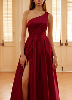 Millie Burgundy One Shoulder A-line Satin Prom Dress image4