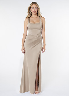 Azazie Mero Robes de demoiselle d'honneur Robe Fourreau en Satin extensible Plissée Givre image1