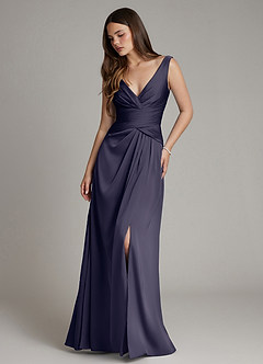 Azazie Pauline Robes de demoiselle d'honneur Robe Trapèze en Satin extensible Plissée Bleu Orageux image1