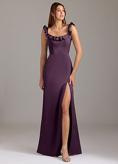 Azazie Callie Bridesmaid Dresses Plum A-Line Ruched Stretch Satin Convertible Dress image1