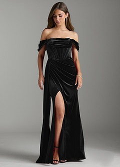 Azazie Amyra Robes de demoiselle d'honneur Robe Fourreau Convertible en velours Épaule décolletée Noir image5