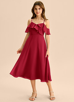 Azazie Kamilla Junior Abito A-Line in Chiffon a Spalla Scoperta Scarlatto image1