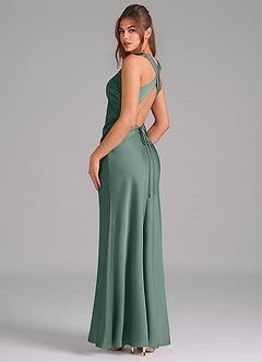 Azazie Evadne Bridesmaid Dresses Eucalyptus A-Line Pleated Stretch Satin Dress image5