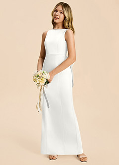 Azazie Emi Junior White Sheath Bow Stretch Satin Dress image2