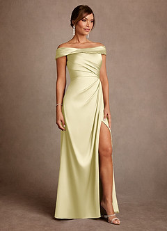 Azazie Bedford Mother of the Bride Dresses Lemon Sorbet Sheath Pleated Stretch Satin Dress image4