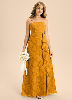 Azazie Kaylee Junior Butterscotch A-Line with Belt Floral Burnout Dress image3
