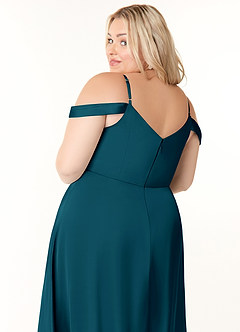 Azazie Ocean Bridesmaid Dresses Ink Blue A-Line V-Neck Pleated Stretch Satin Dress image11