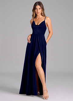 Azazie Sarella Robes de demoiselle d'honneur Robe Trapèze en velours Plissée Bleu Marine Foncé image3