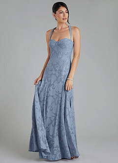 Azazie Bea Robes à essayer chez vous Robe Trapèze en Blumen-Burnout Corset Bleu Poussiéreux image1