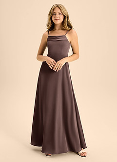 Azazie Anselie Junior Ganache A-Line Off the Shoulder Stretch Satin Dress image3